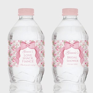 Love Shack Fiance Water Bottle Label, Editable Template, Coquette Pink Bow Theme, Floral Garden Party Favor, Drink Wraps Decor