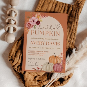 Hello Pumpkin Baby Shower Invitation Template, Editable Invite, Fall Halloween Thanksgiving, Rustic floral, Autumn Harvest Theme