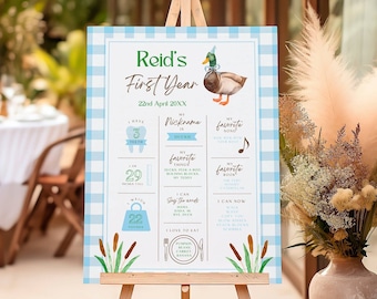 May include: A blue and white checkered poster with a duck illustration. The poster is on an easel and has text that says "Reid's First Year" and includes details about the child's first year, such as their weight, height, and favorite things.