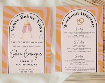 Veuve Before Vows Champagne Bachelorette Invitation and Itninerary, Last Rendez Party Invite, Veuve Clicqout Bach, Editable DIY Template