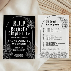 Gothic Bachelorette Invitation and Itinerary Template, RIP Single Life, Spooky Halloween Bach, DIY Party Invite, Editable Digital Download