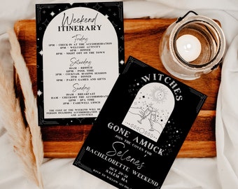 Witch Bachelorette Invitation Itinerary Template, Witches Gone Amuck Bach, Spooky Hen Weekend, DIY Party Invite, Editable Digital Download