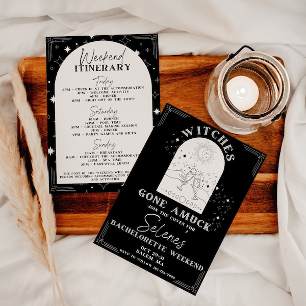 Witch Bachelorette Invitation Itinerary Template, Witches Gone Amuck Bach, Spooky Hen Weekend, DIY Party Invite, Editable Digital Download