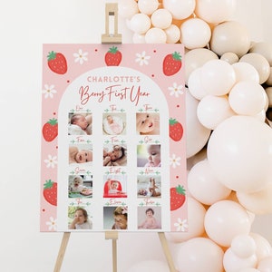 Berry First Birthday Photo Milestone Board Template, Strawberry Party Theme, Sweet One, 12 Month Photo Collage Sign, Editable Poster