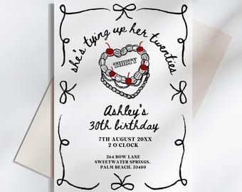 Modello di invito per il compleanno di Tying Up Her Twenties, tema per la festa del 30°, estetica Bow Coquette, invito per la festa modificabile, brunch per il trentesimo compleanno