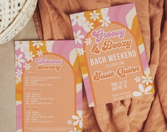 May include: Two peach-colored cards with a retro floral design. One card reads "Weekend Itinerary" with a schedule. The other card says "Groovy & Boozy Bach Weekend" celebrating Susie Quinn, with a date and RSVP information.