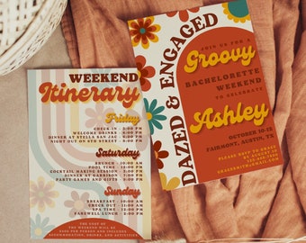 Dazed and Engaged Bachelorette Invitation and Itinerary Template, Groovy Hippie 70s Bach, DIY Party Invite, Editable Evite Digital Download