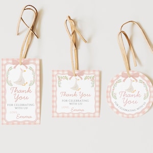 Etichette regalo di compleanno "One Silly Goose", modello modificabile, tema "oca a quadretti rosa", dolcezza, decorazioni per bomboniere, fiocco floreale vintage, 4 forme