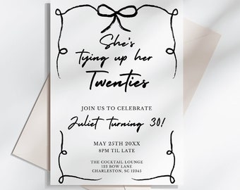 Modello di invito per il compleanno di "Tying Up Her Twenties", tema per la festa del trentesimo compleanno, estetica "bow coquette", invito per la festa modificabile, brunch per i trent'anni