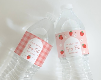 Berry First Birthday Water Bottle Label, Strawberry Theme Favor, Personalized Party Decor, Editable Template, Drink wraps, Berry Sweet One