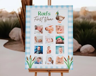 One Lucky Duck Birthday Photo Milestone Board Template, Blue Gingham Mallard Duck Hunting Theme, First Year Milestone Sign, Editable Poster
