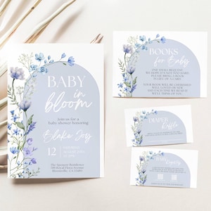 Lot baby shower bleu bébé en fleurs, modèle d'invitation modifiable, thème floral fleurs sauvages pour bébé garçon, livres pour bébé, tombola de couches, DBBB2
