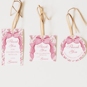 Love Shack Shack Geschenkanhänger, bearbeitbare Vorlage, Coquette Pink Bow Thema, Partybevorzugung Dekor, Duschbevorzugung Tags, Shabby Chic Floral, 4 Formen