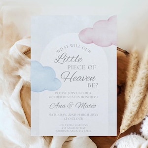 Heaven Sent Gender Reveal Invitation Template, Little Piece of Heaven Baby Shower, Editable Invite, Pink Blue Clouds, Dreamy Cloud 9 Theme