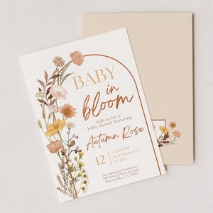 Fall Baby in Bloom Baby Shower Invitation, Editable Template, Autumn Wildflower Theme, Gender Neutral,  Boho Flowers, Floral Invite, FBB3