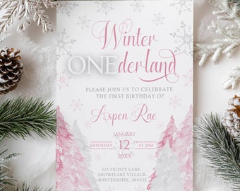 May include: Winter Wonderland themed first birthday party invitation with pink and white watercolor trees, snowflakes, and the text "Winter ONEderland". The invitation includes the date, time, and location of the party.