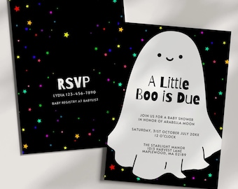 Cute Ghost Halloween Baby Shower Invitation, A Little Boo is Due, Fall Invite, Editable Template, Ghost Baby Shower Invite, Retro Sparkle