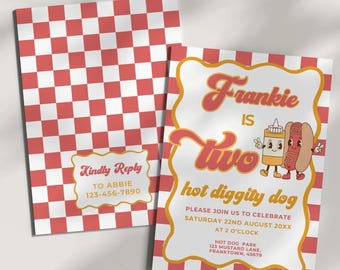 Convite para 2º aniversário do Hot Diggity Dog: Tema Piquenique Retrô (Modelo Editável)