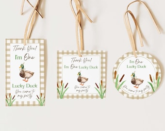 Neutral One Lucky Duck Birthday Gift Tags, Editable Template, Mallard Duck Theme, Party Favor Tags Decor, 4 Shapes, Tan Brown Gingham