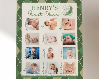 May include: A green and white golf-themed poster with a photo collage of a baby boy's first year. The poster has the text "HENRY'S First Year" and a golf ball graphic.