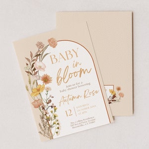 Fall Baby in Bloom Baby Shower Invitation, Editable Template, Gender Neutral, Boho Wildflower Theme, Autumn Flowers, Floral Invite, FBB1