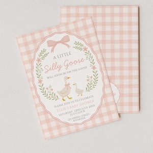 May include: A baby shower invitation with a pink gingham pattern. The invitation features a whimsical design with the text "A Little Silly Goose" and details for the event. The invitation includes a matching envelope.