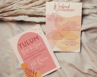 Itinéraire Invitation EVJF Tulum, Tulum avant le marié, thème EVJF bohème rose, week-end entre filles au Mexique, invitation bricolage modifiable