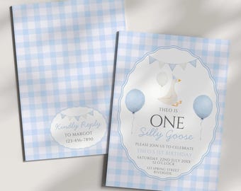 Blue One Silly Goose First Birthday Invite, Editable Template, Gingham Goose Party Invitation, Vintage Balloon Theme, Boy 1st Birthday
