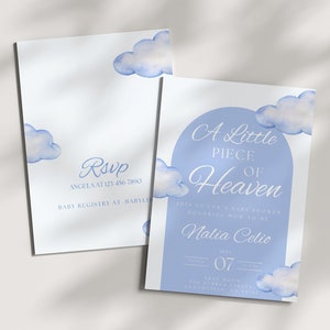 Blue Cloud Baby Shower Invite Template, A Little Piece of Heaven Sprinkle, Boy Cloud 9 Theme Invitation,  Editable Digital Download
