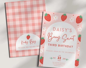 May include: Pink and white strawberry-themed birthday invitation. The invitation features a pink gingham pattern on the back and a pink front with strawberries and daisies. Text reads "DAISY'S Berry Sweet THIRD BIRTHDAY". Includes reply details.