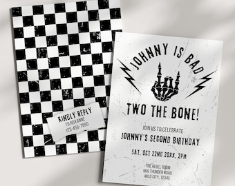 Invitación de segundo cumpleaños de Bad Two The Bone, plantilla editable, invitación para segunda fiesta, temática de motociclistas, esqueleto de rock, blanco y negro