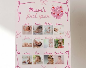 Girls Just Wanna Be One First Year Photo Milestone Board, Editable Poster Template, Pink Coquette Birthday Party Theme, Monthly Collage Sign