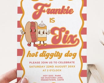 Convite de 6º aniversário do Hot Diggity Dog, convite de 6º aniversário, modelo editável, tema de cachorro-quente, festa de piquenique com churrasco, tabuleiro de xadrez retrô