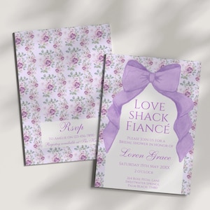 Love Shack Fiancé Bridal Shower Invitation Template, Love Shack Fancy Theme, Coquette Aesthetic Purple Bow, Editable Invite, Shabby Chic