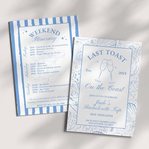 Last Toast On The Coast Bachelorette Itinerary Invite, Blue Coastal Theme, Girls Beach Weekend Trip, Editable Hen Party Invitation LTOC3