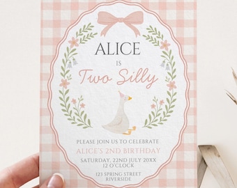 Two Silly Goose Birthday Invitation, Editable Template, Pink Gingham Goose, Second Party Invite, Vintage Floral Bow Theme, Girl 2nd Birthday