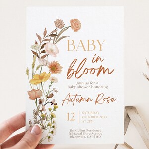 Baby in Bloom Baby Shower Invitation, Editable Template, Fall Autumn Wildflower Theme, Gender Neutral,  Boho Flowers, Floral Invite, FBB4