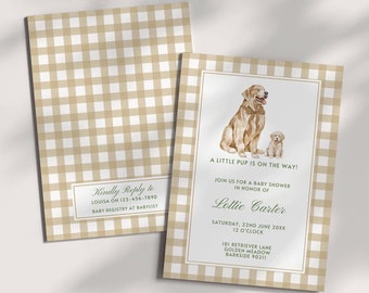 Może przedstawiać: Zaproszenie na baby shower z ginghamowym tłem przedstawiającym golden retrievera i szczeniaka. Tekst brzmi "Mały szczeniak jest w drodze!" i zawiera imię "Lottie Carter" oraz datę i godzinę wydarzenia.