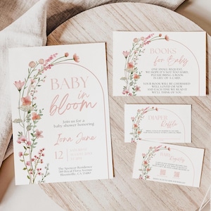 Lot baby shower bébé en fleurs, modèle d'invitation modifiable, thème floral fille rose fleurs sauvages, livres pour bébé, tombola de couches, DPBB3
