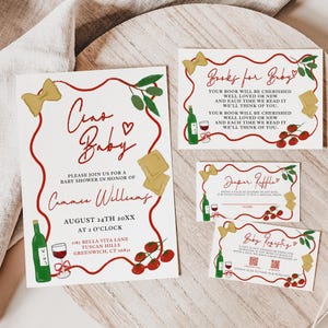 Paquete de invitaciones para baby shower "Ciao", plantilla editable de invitación e inserto, temática de verano italiano, libros para bebé, sorteo de pañales, tarjeta RSVP