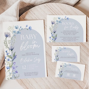 Baby in bloei babyshowerbundel, bewerkbare uitnodigingssjabloon, Blue Boy Wildflower bloementhema, boeken voor baby, luierloterij, DBBB2