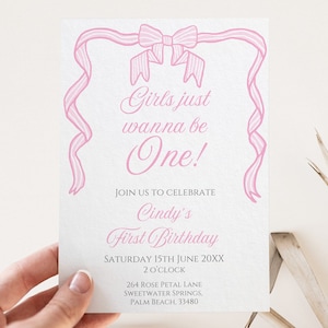 Pink Stripe Bow First Birthday Invite Template, Girls Just Wanna Be One, Editable Invitation, Minimalist Theme, Preppy Girl 1st Birthday