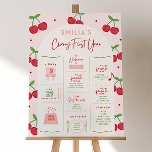 Plantilla para tablero de hitos de cumpleaños de cerezas, tema de primera fiesta de cerezas, tema de cereza en la cima, letrero de hito de primer cumpleaños, póster editable