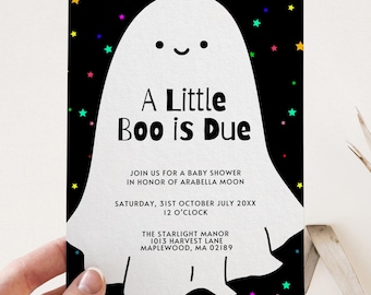 Little Boo Halloween Baby Shower Invitation, Cute Ghost Fall Invite, Editable Template, Ghost Baby Shower Invite, Retro Sparkle
