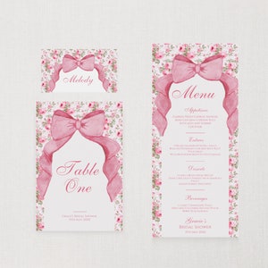 Conjunto de mesa de jantar com laço rosa Coquette, modelos editáveis, noivo Love Shack, decoração de brunch para chá de panela, festa de despedida de solteira no jardim