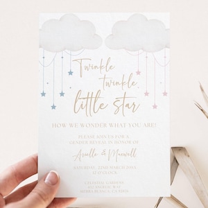 Gender Reveal Invitation, Twinkle Twinkle Little Star Gender Reveal Party, Editable Invite, Cloud and Stars Theme, Blue Pink, He or She