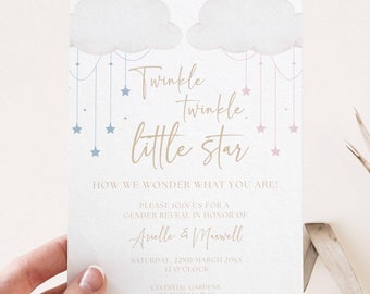 Może przedstawiać: Zaproszenie na ujawnienie płci z tekstem "Twinkle Twinkle Little Star". Projekt zawiera akwarelowe chmury, wiszące gwiazdy w kolorze niebieskim i różowym oraz szczegóły wydarzenia.