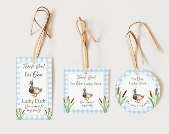 One Lucky Duck Birthday Gift Tags, Editable Template, Duck Theme, Party Favor Decor, 4 Shapes Included