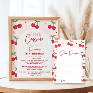 Placa e cartões da cápsula do tempo do primeiro aniversário da Cherry, lembrança da festa da Cherry, modelo editável, tema Cherry on Top, cartões de mensagem para convidados