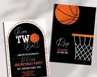 May include: A basketball-themed birthday invitation with the text "Born Two Ball" and "Miller's 2nd Birthday Party". The invitation is black with white and orange accents. The RSVP card has a basketball and a basketball hoop.